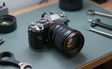 A sharp, detailed photograph of a clean professional workbench featuring a repaired high-end camera and specialized tools. The scene uses muted teal grey and dark slate blue tones.