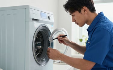 A wide-angle, bright photograph of a modern home appliance being professionally inspected by a technician. Highlighting a sense of reliability with pale steel blue and soft frost white accents.