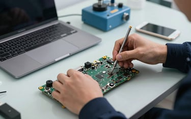 A professional, high-angle close-up photograph of a technician's hands using precision tools to repair the motherboard of a modern laptop. The workbench is clean and organized, illuminated by clear, professional lighting. The color palette features midnight navy in the technician's sleeve and dusty blue accents on the specialized repair equipment. The background shows a soft-focus, organized workshop environment with pale mist surfaces, emphasizing modern professionalism, expert precision, and a commitment to quality restoration.