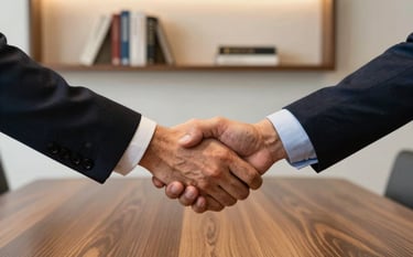 Close-up of a professional handshake over a high-end wood desk in a sleek Marbella boardroom. In the background, a minimalist shelf holds architectural books. The lighting is warm and golden, reflecting the professional Southern European atmosphere. Colors: dark charcoal and pale blue.
