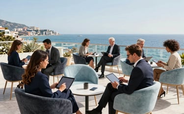 A wide-angle shot of a collaborative business terrace in Malaga. Professionals in smart-casual attire are working on tablets with a view of the Mediterranean coastline in the background. The scene is sophisticated and trustworthy, with high-end modern furniture in charcoal and pale blue tones.
