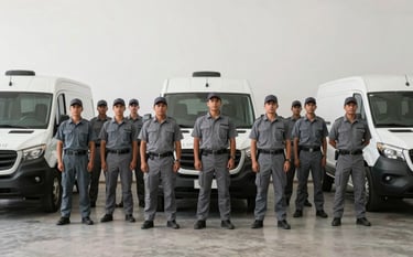 An organized group of couriers in slate grey uniforms standing next to their vehicles in a minimalist warehouse setting in South America / Colombia. The lighting is soft pearl white, conveying a sense of efficiency, professional logistics, and reliability.