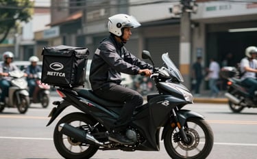 A professional courier wearing a dark charcoal jacket and a pearl white helmet, riding a sleek modern motorcycle through a sunny, busy street in a South American / Colombian city. The focus is on the courier's reliability and speed, with a minimalist aesthetic and blurred urban background.