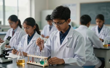 Senior secondary students in a modern science lab in a South Asian / Indian school, wearing lab coats over navy uniforms, focused on a chemistry experiment, muted blue and gold color scheme.