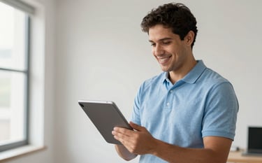 A professional South American / Brazilian expert holding a digital tablet in a bright, modern studio. The environment is sophisticated and approachable, with light blue and off-white accents and natural lighting coming from a side window.