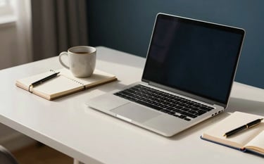 A minimalist, organized desk with a modern laptop, a notebook, and a ceramic cup, bathed in soft morning light in a professional South American / Brazilian home office. The color palette features off-white and deep blue tones, reflecting a clean and calm atmosphere.
