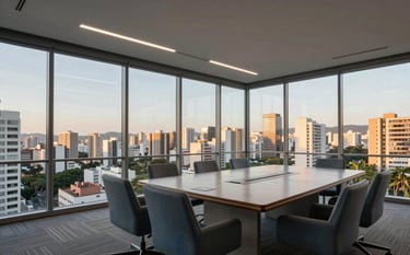 A wide-angle professional photograph of a modern glass-walled meeting room overlooking a Brazilian cityscape. The interior is decorated with grey blue furniture and clean lines, captured during the golden hour to evoke a trustworthy and calm mood.