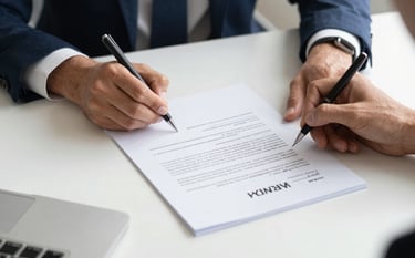 A high-quality professional photograph of a clean, modern desk with a pair of hands signing an official-looking incorporation document. The scene is lit with bright, soft natural light, featuring a palette of cloud white and steel blue.