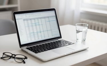 An organized home office setup featuring a laptop displaying a financial spreadsheet, a pair of glasses, and a glass of water. Soft morning light creates an atmosphere of clarity and efficiency. Colors: Cloud white and deep navy.