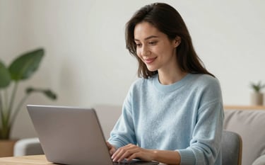 Photography of a calm woman in a soft pale azure sweater sitting in a bright room, smiling gently while looking at her laptop screen. The background is a misty pearl white wall with a soft green plant. The lighting is warm and natural, creating a trustworthy and empathetic atmosphere.