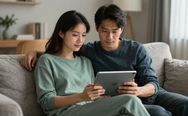 Photography of a couple sitting comfortably on a soft sofa, looking at a tablet together with calm expressions. They are wearing muted sea green and deep charcoal blue clothing. The setting is a cozy, modern living room with soft, comforting lighting.