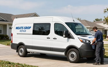 A clean, white mobile service van with professional lettering for a glass repair company parked in a North American residential driveway. A technician is seen unloading a professional toolkit. The scene is bright and assuring, with soft blue sky reflections and a clean suburban backdrop.