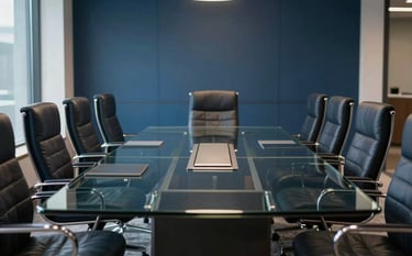 An interior shot of a sophisticated North American corporate boardroom with a large glass table and leather chairs, reflecting a sense of security and growth, with dark navy and steel blue accents in the decor.