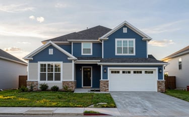 A sharp, professional photograph of a modern North American suburban home with clean architectural lines and a well-maintained lawn, captured during the golden hour with soft sunlight, using a color palette of steel blue and off-white.