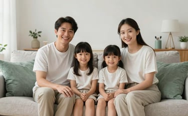A happy, smiling family of four sitting on a sofa in a bright, modern living room with soft lighting. The room is decorated in off-white and soft sage green tones, reflecting a peaceful and secure atmosphere.
