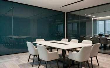 High-end corporate meeting room with glass walls and minimalist furniture. The style is sophisticated, using deep teal and off-white colors, suggesting exclusivity and premium service.