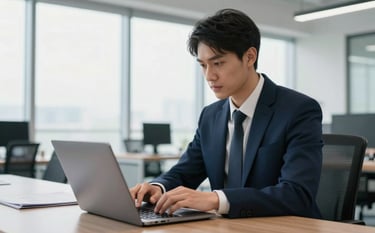 A young professional in business attire working on a laptop in a clean, modern office space. The color palette includes dark navy blue accents and plenty of natural light through large windows.