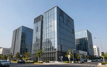 A sleek, professional commercial business park or office building in the growing commercial sector of Faridabad. Wide angle view, modern glass facades reflecting a blue sky, conveying professional growth. Subtle incorporation of #2C3E20 in the building accents.