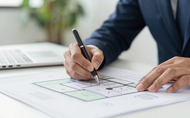 A close-up of a professional real estate consultation. A hand holding a pen over a site plan and architectural blueprints on a clean desk. The atmosphere is focused and authoritative. Style is modern and clean with soft lighting, using #5B824E in the foliage in the background.
