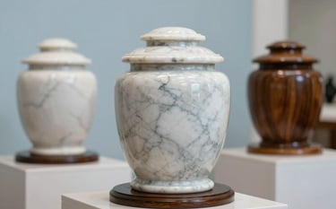 A dignified close-up of high-quality marble and wood cremation urns displayed in a modern, understated sanctuary in Peru. Soft focus on a Pale Blue background with clean, elegant lines and respectful, compassionate lighting.