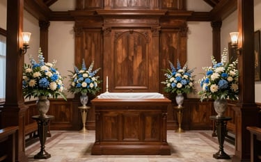 A peaceful and elegant private funeral chapel in Peru, featuring sophisticated wooden architecture and soft, warm lighting. Muted Blue and Pale Blue floral arrangements are placed with solemn dignity. The atmosphere is professional and serene, reflecting a sense of peace and respect.
