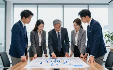 A collaborative team of financial experts in formal attire standing around a large wooden table, reviewing a roadmap for digital transformation. The background is a modern architectural office with large windows. Color palette: #0F1E2E, #21598B, and #F0F8F8.