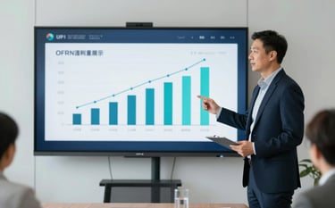 A high-end corporate meeting room where a professional consultant is presenting data-driven growth charts on a digital display. The lighting is soft and natural, emphasizing a clean and trustworthy environment. The color palette includes professional navy (#0F1E2E) and teal accents (#7AB2B2).