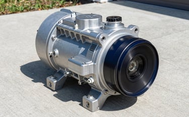 Close-up of a high-efficiency HVAC compressor unit installed on a clean concrete pad outside a North American / US residence. Bright sunlight, steel blue and dark navy tones, conveying high quality and durability.
