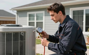 A professional HVAC technician in a clean dark navy uniform inspecting an outdoor air conditioning unit with a pressure gauge. Bright daylight, side view of a modern North American / US house. Professional, sharp focus, capturing reliability and expertise.