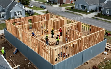 A professional high-angle shot of a new home construction site in a North American / US suburb. The wooden framing is precise and clean. Workers wearing safety gear are organizing building materials in a slate blue storage area.
