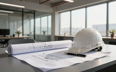 A wide-angle, sharp-focus photograph of a clean, modern construction office in the North American / US region. A large rolled-out blueprint sits on a charcoal grey desk next to a white hard hat and a high-end metal pen. Soft morning sunlight filters through large windows.