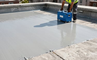 A high-quality photograph of a residential rooftop terrace being treated with a liquid waterproofing membrane. A professional worker in safety gear is applying a coating. The lighting is bright and clear, with colors including soft grey concrete and steel blue equipment to match the professional brand palette.