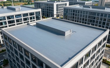 A wide shot of a modern commercial office complex with an expansive flat roof. The roof shows a clean, finished waterproofing application in a light blue-grey shade. The architecture is sharp and professional, reflecting the reliability and expertise of the brand.