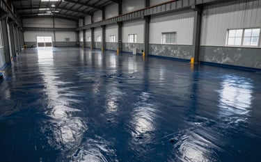 An interior photograph of a large industrial warehouse. The floor is coated in a glossy, heavy-duty chemical-resistant material in dark navy and steel blue tones. The environment is clean, organized, and looks highly durable.
