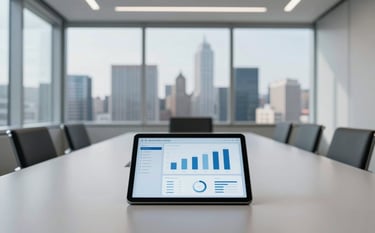 Wide shot of a minimalist, modern corporate boardroom in a North American skyscraper with large windows overlooking a city skyline, featuring a tablet on a table showing an analytical dashboard in shades of light blue and gray.