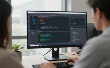A close-up photograph of a professional software engineer in a modern North American office working on a high-resolution monitor displaying complex code and data analytics, natural daylight coming through the window.