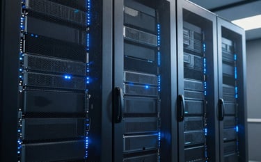 A sleek, professional photography shot of a high-tech server room in a North American data center, with soft blue ambient lighting on brushed metal surfaces and glowing server racks, emphasizing precision and innovation.
