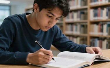 A close-up photograph of a college student in a modern North American / US library, intently focused on a textbook while taking notes with a sleek pen. The lighting is soft and natural, with hints of Soft Blue and Deep Blue from the library's interior design in the background.