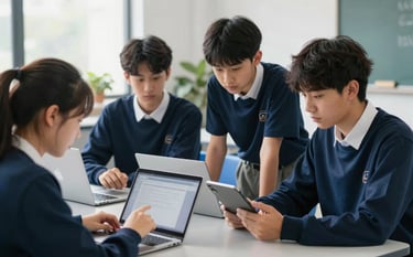 A group of high school students collaborating on a digital project in a brightly lit, modern North American / US classroom. They are using tablets and laptops. The scene conveys a serious yet approachable educational atmosphere with accents of Dark Navy and Soft Blue.