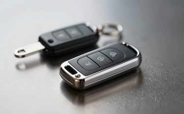 A close-up, high-detail shot of a modern car key fob and a transponder key resting on a clean, dark metallic surface. The lighting is crisp and modern, reflecting the #E0E1DD palette and projecting a sense of advanced technology.