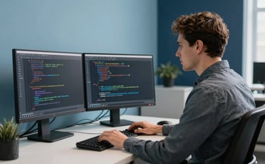 A professional in a modern North American / Quebecois office in Montreal, working on a dual-monitor setup with code on screen. The lighting is clean and bright with slate blue and dark navy blue accents in the office decor.