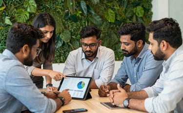 A group of South Asian / Bangladeshi digital marketing specialists collaborating around a conference table in a bright Banani-based office. They are discussing analytics on a tablet, with a backdrop of a leaf green feature wall.