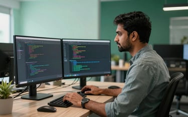 A professional South Asian / Bangladeshi software developer in a modern Dhaka office, working on dual monitors showing complex code. The atmosphere is professional and innovative, with soft pale mint and dark forest green accents in the office decor.