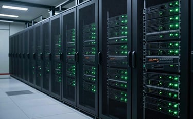 A sleek, high-tech data center environment in a South Asian / Bangladeshi technology park. Rows of server racks with soft green indicator lights, representing strategic IT effectiveness and secure network technology.