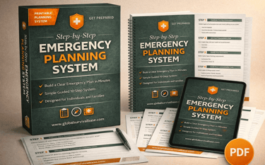 A printable Step-by-Step Emergency Planning System including a workbook, box set, and digital tablet PDF.