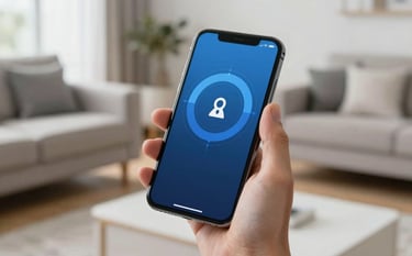 A close-up of a person's hand holding a smartphone in a bright, modern UK living room. The phone screen displays a sophisticated security interface in shades of medium blue and dark blue. Clean, technical style.
