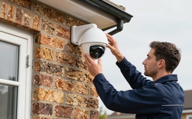 Professional technician in a navy blue uniform installing a modern white dome CCTV camera on the exterior brick wall of a contemporary UK suburban home. Bright, soft daylight, high-quality digital security photography style.
