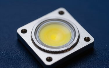 Macro shot of a high-power circular COB LED module with a bright yellow emission surface, mounted on a sleek silver heatsink, dramatic navy blue background with focused studio lighting.