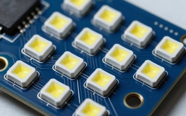 Macro photography of high-quality SMD LED chips arranged on a royal blue circuit board, featuring precise metallic contacts and clear yellow phosphors, cool professional laboratory lighting, high-tech aesthetic.