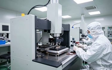 Wide angle view of a high-tech cleanroom facility in East Asian / Chinese setting, featuring automated ASM wire bonding machinery and technicians in white protective gear, bright clinical lighting, professional industrial photography.